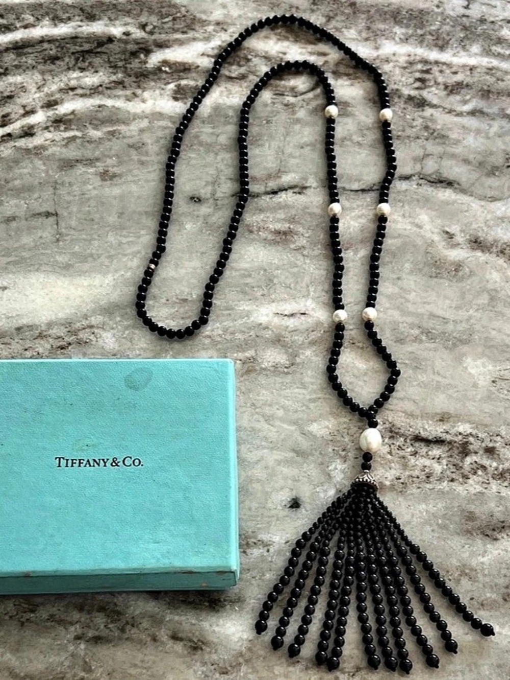 Tiffany & Co. Black Onyx & Pearl Tassel Necklace. Ziegfeld Collection.